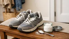 How to use a baking soda and talc mix to deodorize shoes, carpets, and upholstery