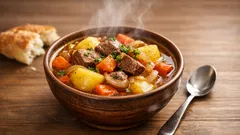 Hearty beef shurpa soup recipe with potatoes and caramelized onions