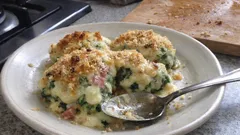 Fiocchi di Neve al Forno—Baked Ricotta-Spinach Dumplings with Ham & Béchamel